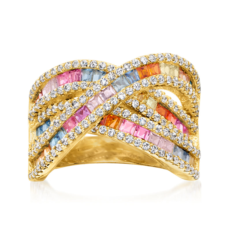 Gold-tone multicolored simulated sapphire and CZ highway ring with pink and blue stones