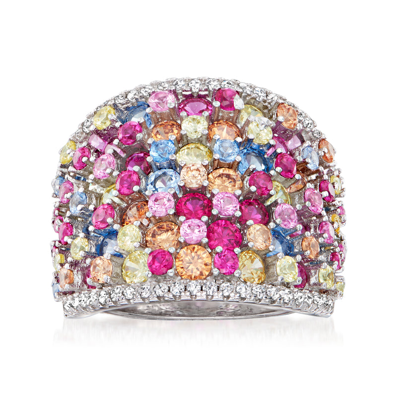 Wide sterling silver ring with multicolored simulated sapphires and CZ