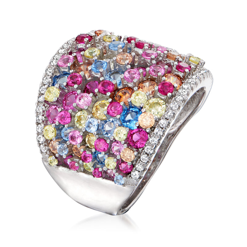 Sterling silver wide gemstone ring with multicolored stones and clear side accents