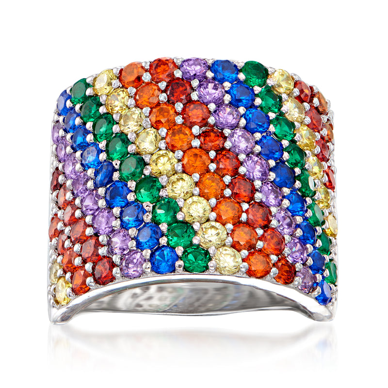 Multicolored CZ wide ring in sterling silver, multi-color gemstone pave top.