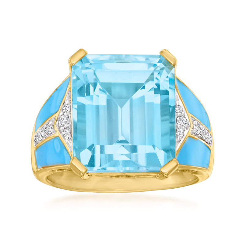 Gold ring with large light-blue square-cut gemstone, diamond accents, blue enamel