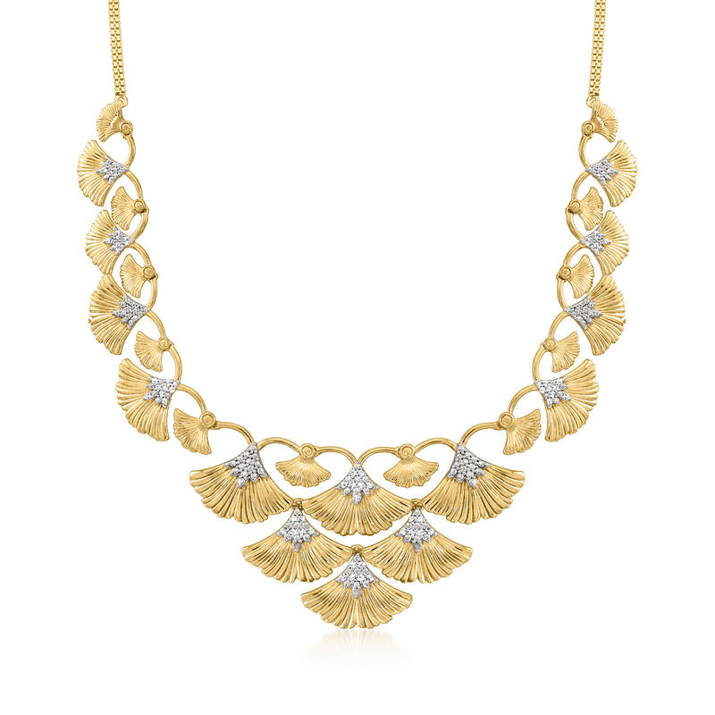Diamond ginkgo leaf necklace with scalloped 18kt gold over sterling leaves and small round stones