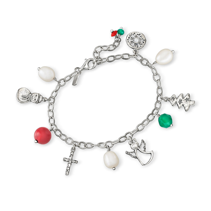 Sterling silver charm bracelet with cultured pearl drops, green stones, stars and crosses