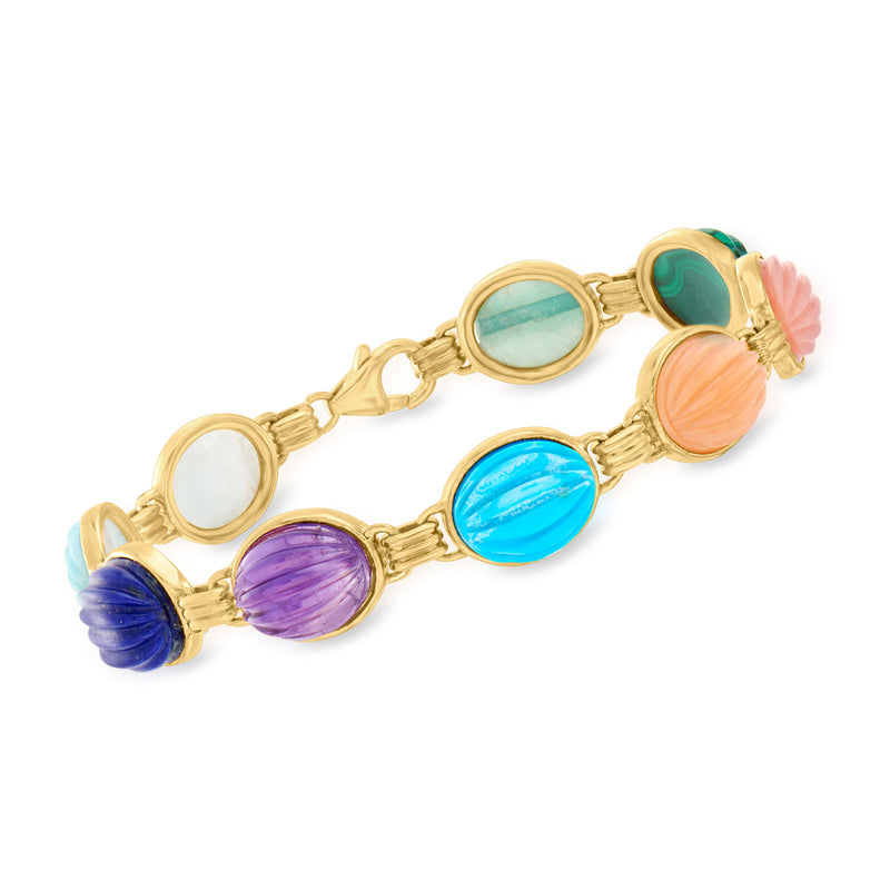 Gold over sterling bracelet with oval blue, purple, teal stones and coral flower charm.