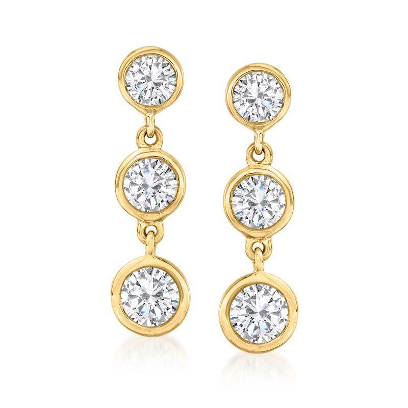 14kt yellow gold bezel-set diamond drop earrings, three round diamond tiers