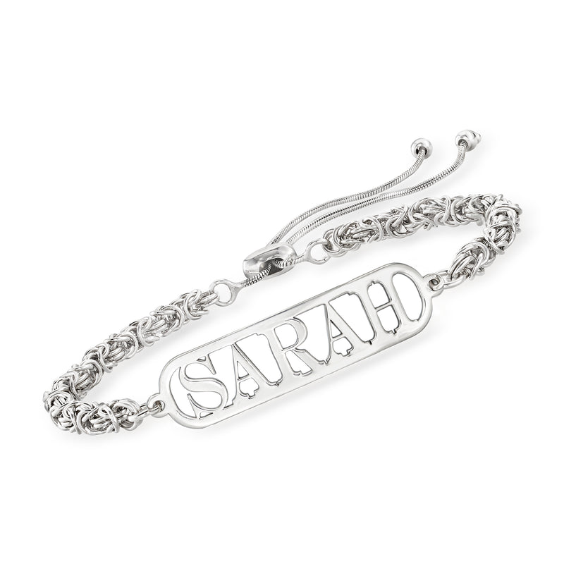 Sterling silver personalized Byzantine bolo bracelet with engraved name plate and chain ends