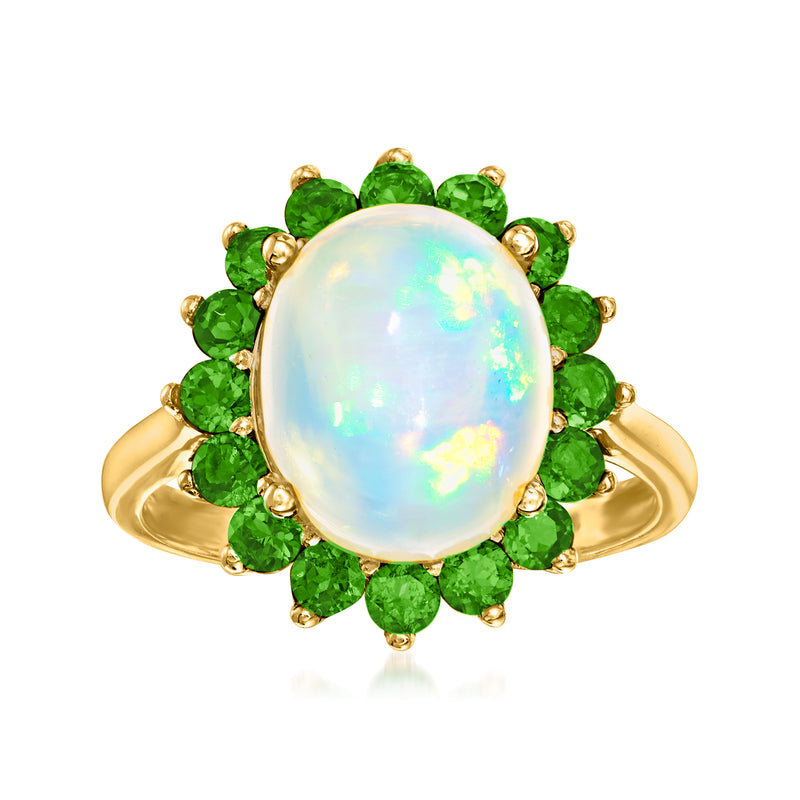 Oval white opal center with green chrome diopside halo on 18kt gold over sterling ring
