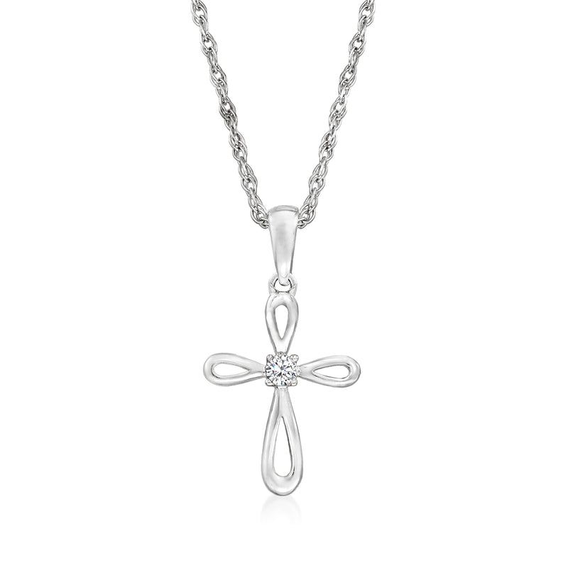 White gold cross pendant necklace with single diamond, loop bail and chain