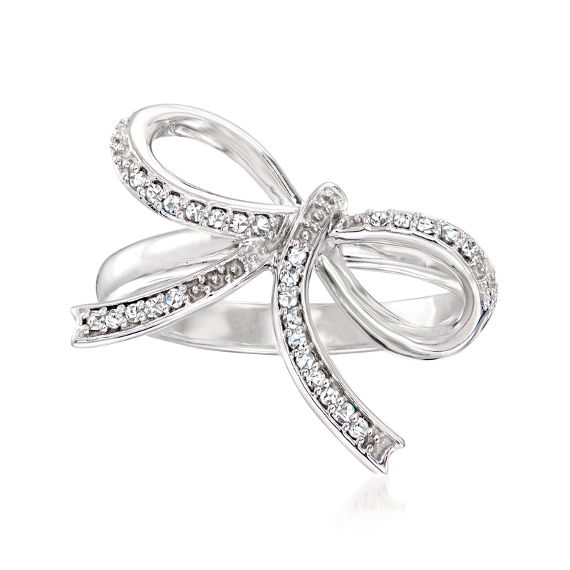 Sterling silver diamond bow ring with pave ribbon loops