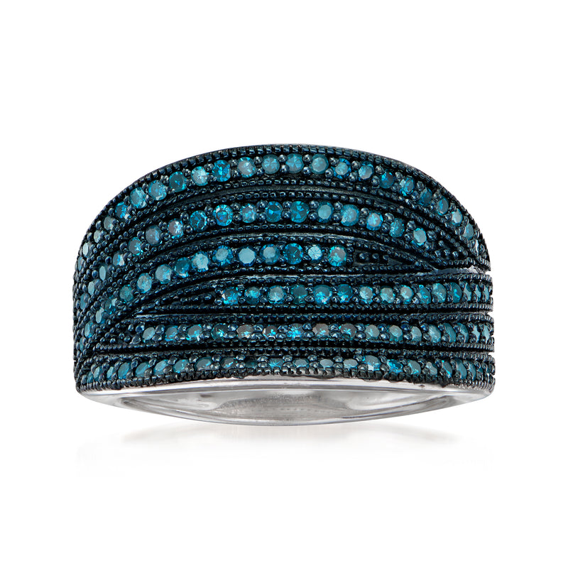 Sterling silver ring with blue diamond pavé and curved multi-row design