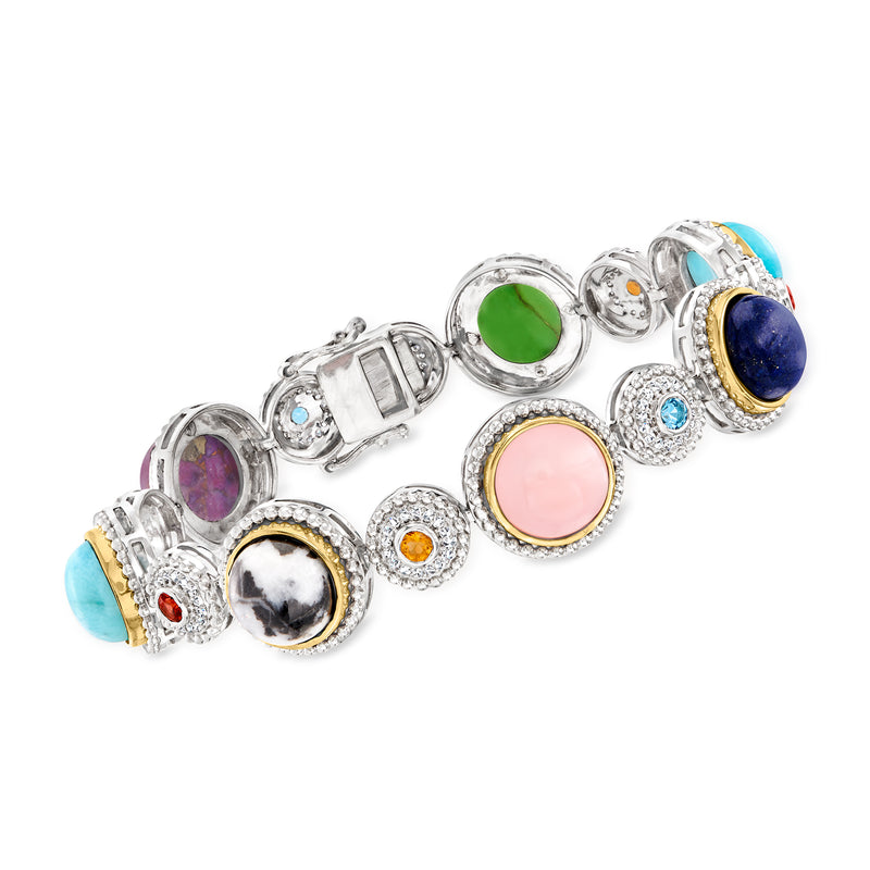 Two-tone sterling silver gemstone charm bracelet with round colored cabochons and mixed metal links