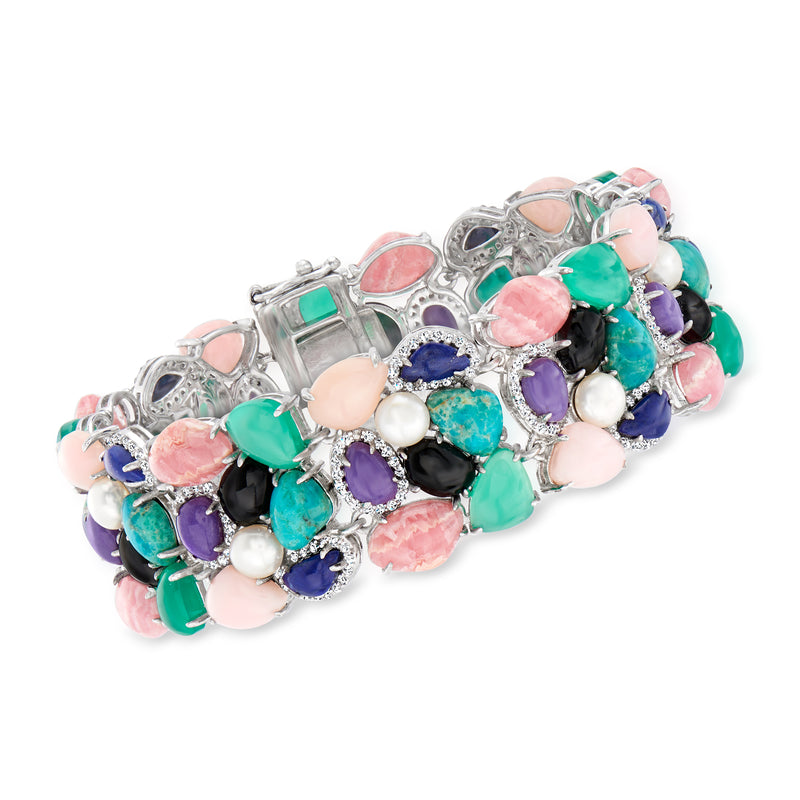 Sterling silver multi-gemstone bracelet with pink pearls and colorful gemstone accents
