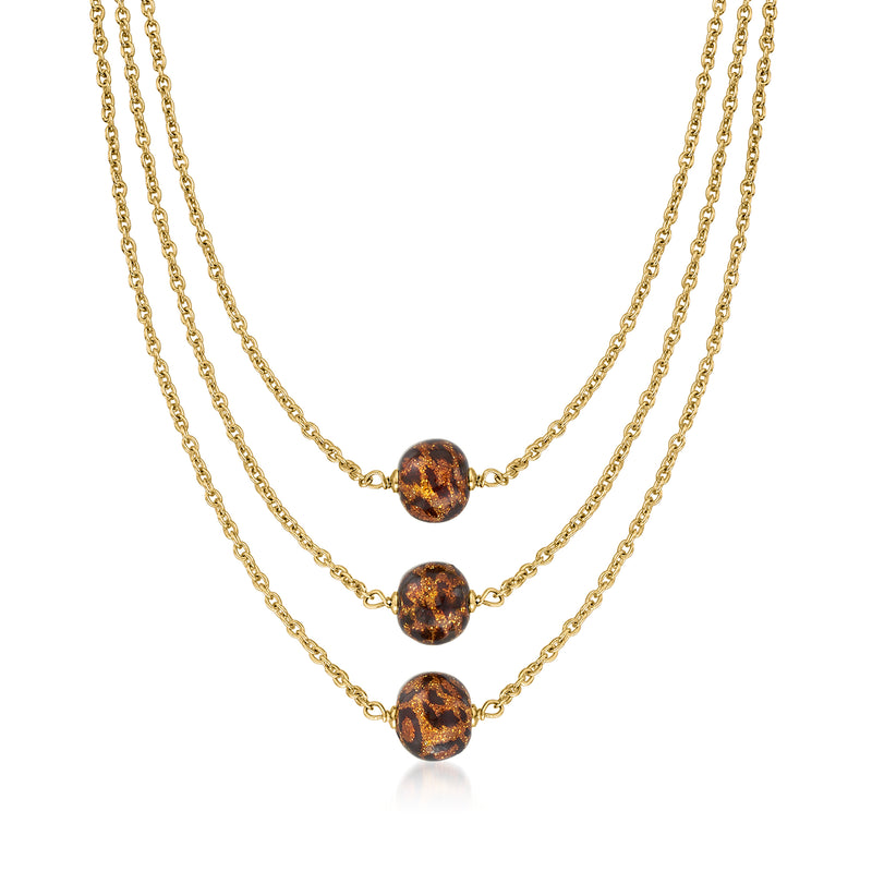18kt gold over sterling multi-strand necklace with dark leopard-print Murano glass beads