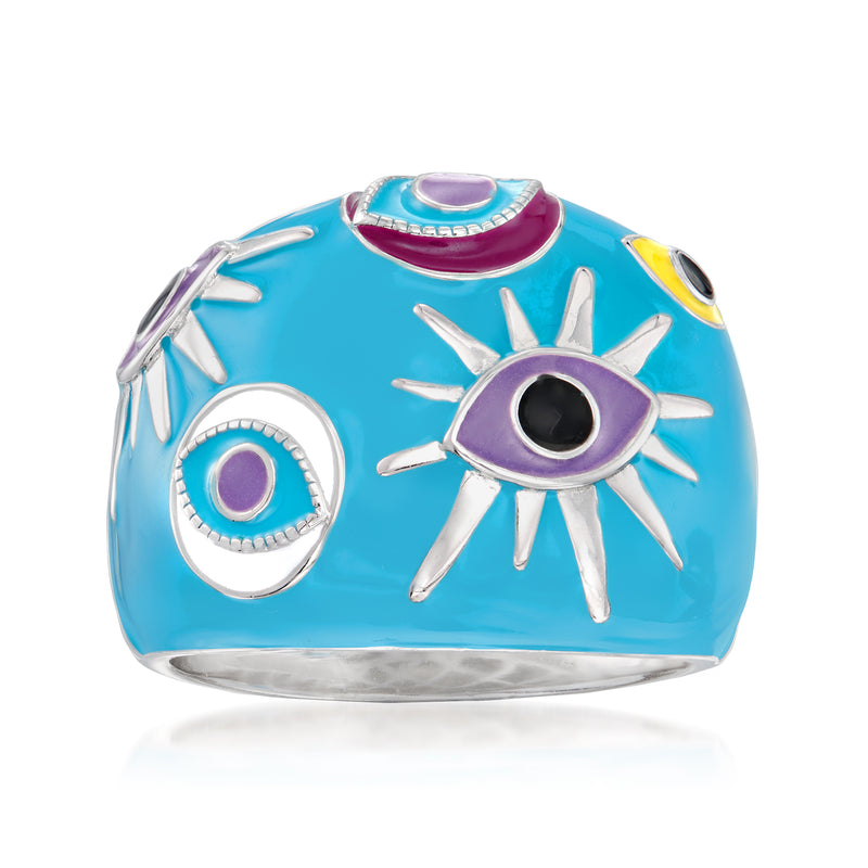 Sterling silver evil eye enamel ring with blue base and purple eye motifs, multicolor accents