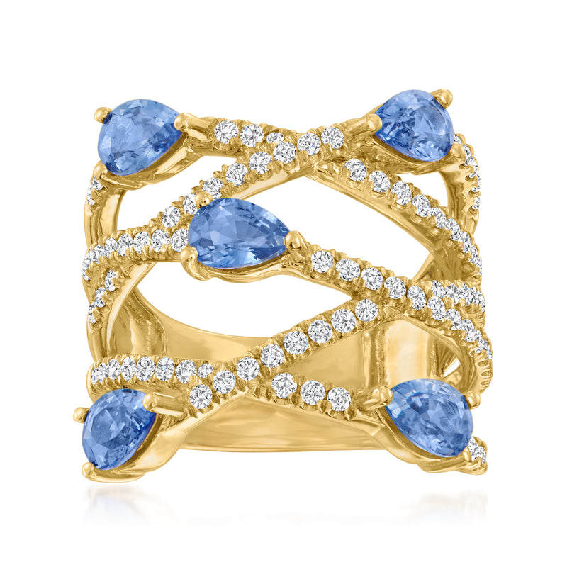 14kt yellow gold crisscross open ring with oval blue sapphire and round diamond accents