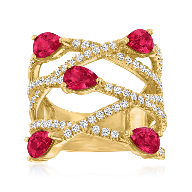 14kt yellow gold open crisscross ring with ruby pear stones and diamond accents