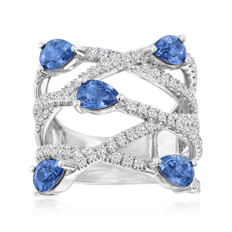 14kt white gold crisscross open-space ring with oval blue sapphires and diamond accents