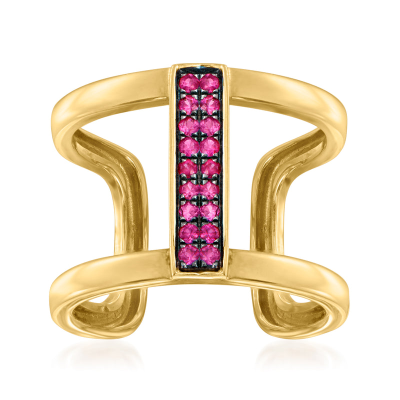 14kt yellow gold open-space bar ring with a rectangular row of pink round ruby stones