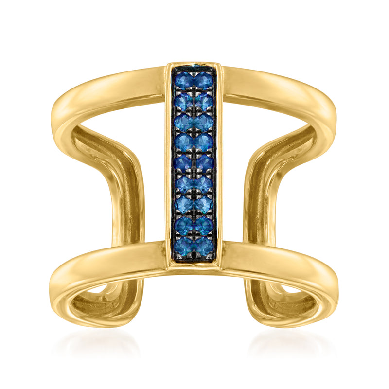 14kt yellow gold open-space bar ring with blue sapphire rows