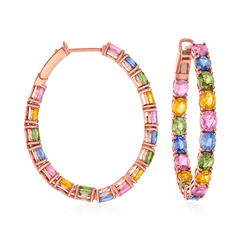 14kt rose gold inside-out hoop earrings with multicolored gemstone stones