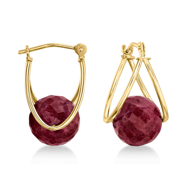 14kt yellow gold double-hoop earrings with faceted ruby bead drop