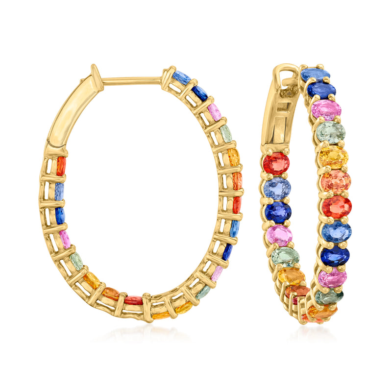 14kt yellow gold hoop earrings with multicolored sapphire row stones, inside-out style