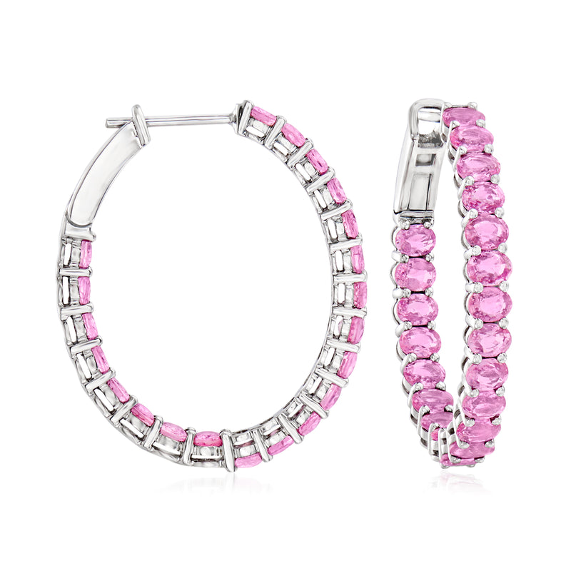 14kt white gold hoop earrings with pink sapphire inside-outside stones