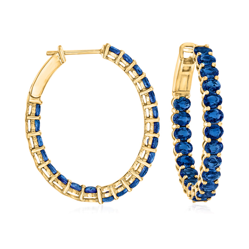 14kt yellow gold hoop earrings with inside-outside blue sapphire accents