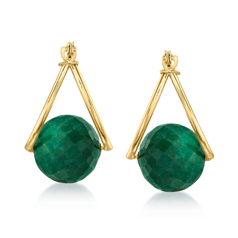 Gold double-hoop earrings with faceted emerald green teardrop bead