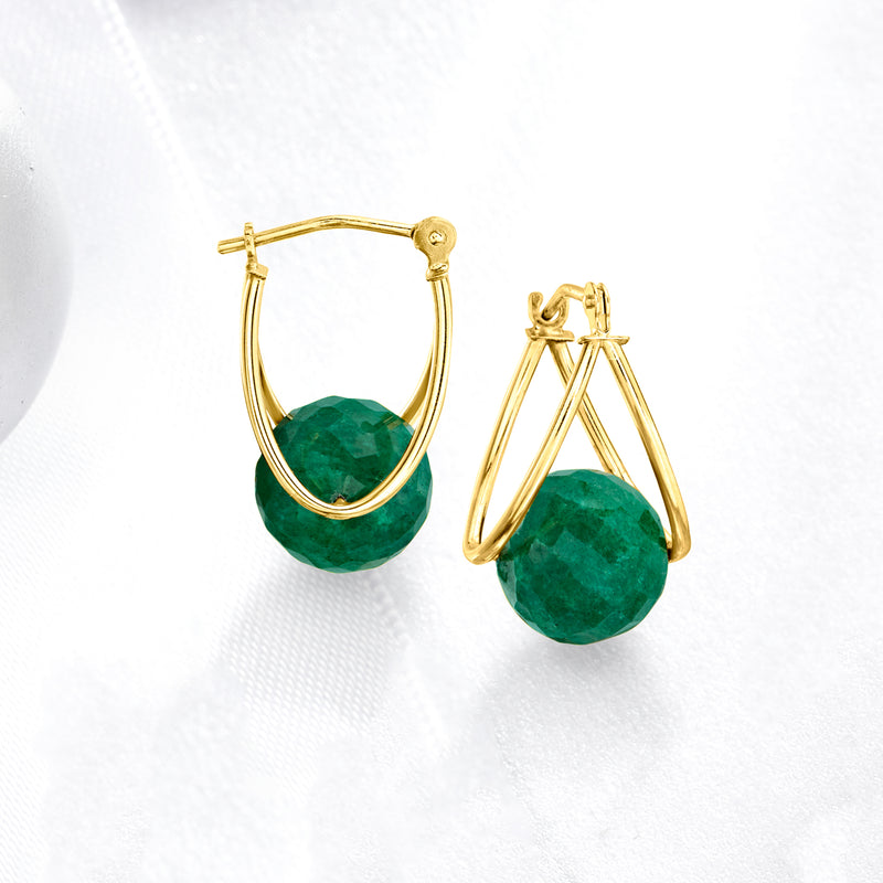 14kt yellow gold double-hoop earrings with emerald green teardrop bead, side view