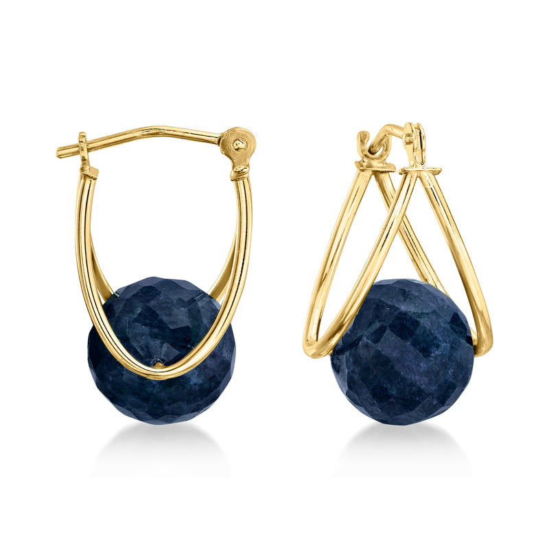 14kt yellow gold double-hoop earrings with deep blue sapphire bead drops