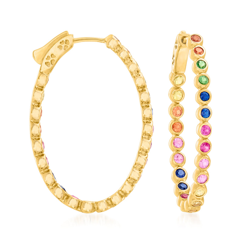 14kt yellow gold hoop earrings with multicolor inside-outside gemstone accents