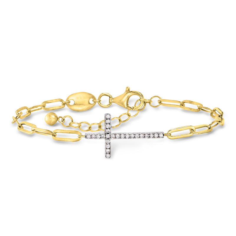 Two-tone sterling silver paper-clip link bracelet with CZ cross centerpiece