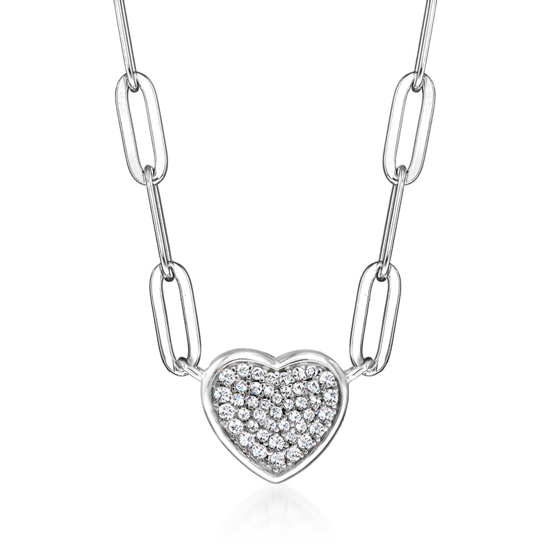 Sterling silver heart CZ paperclip link necklace, round clear stones in heart pendant