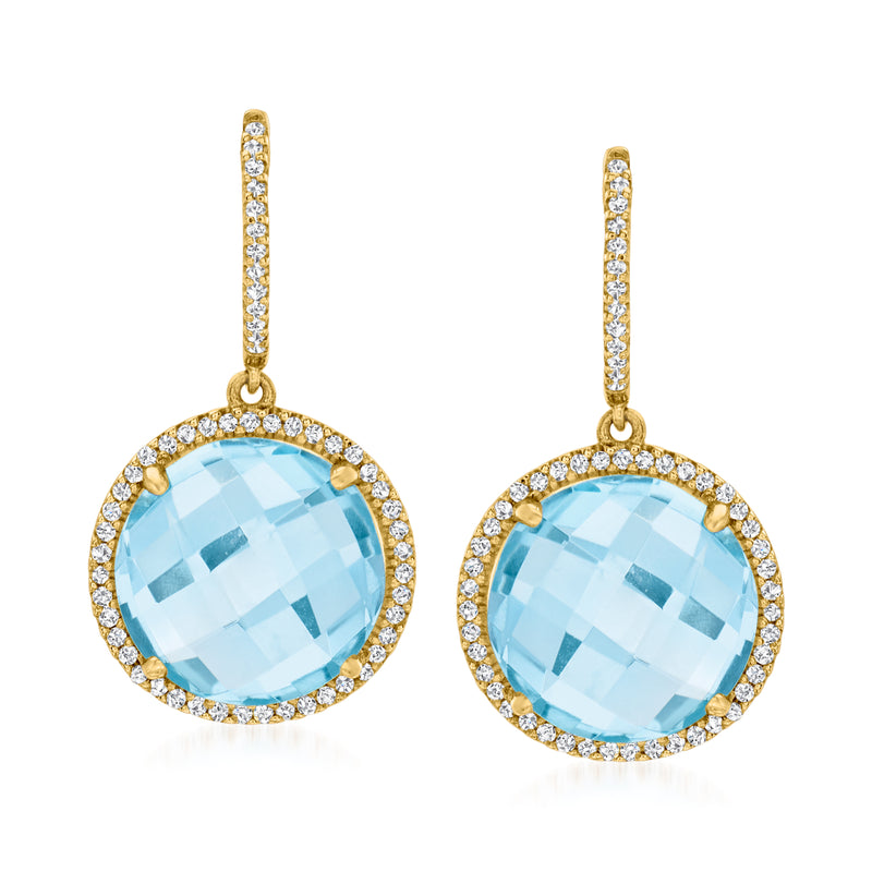 14kt yellow gold drop earrings with round sky blue topaz and diamond halo
