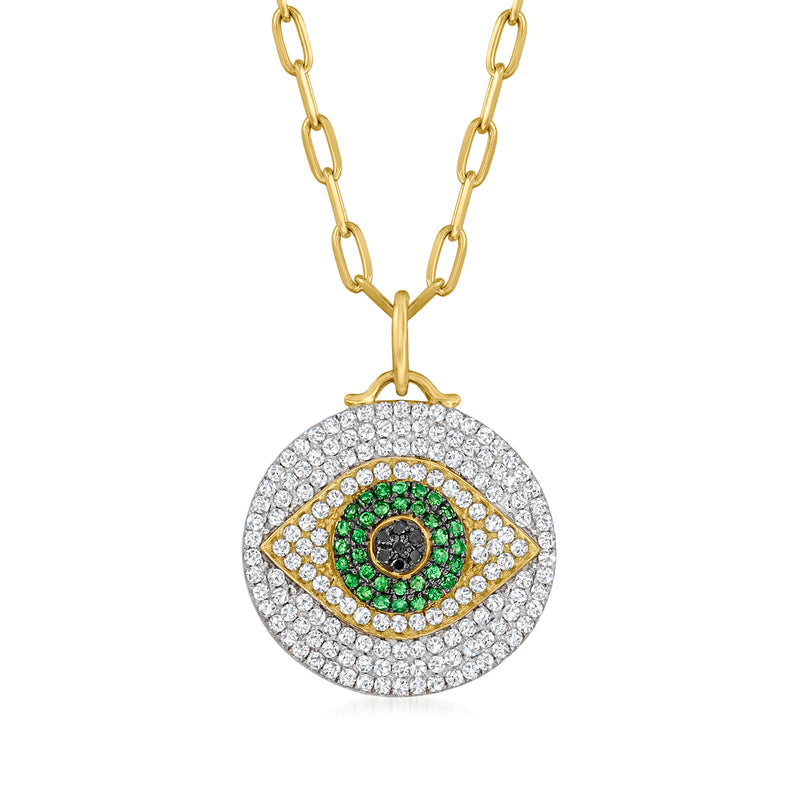14kt yellow gold evil eye pendant necklace with diamond halo, green center, black accents