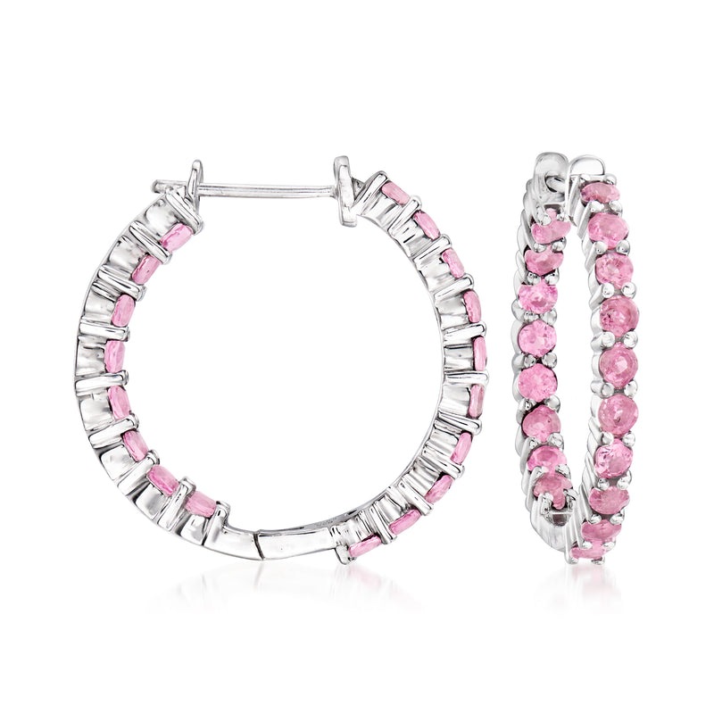 Sterling silver hoop earrings with pink tourmaline inside-outside stones