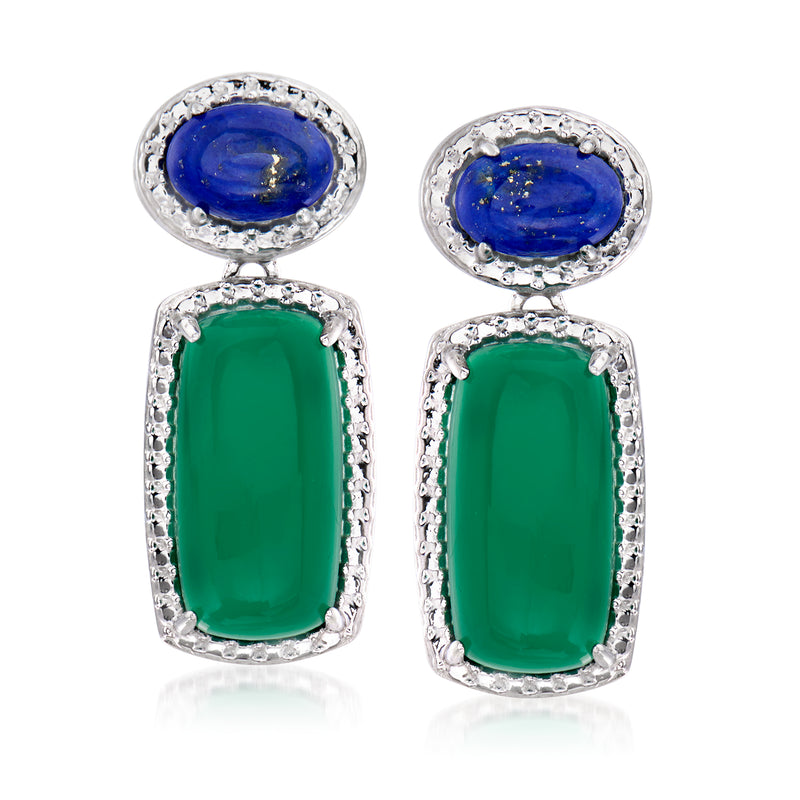 Sterling silver drop earrings with blue lapis oval and green chalcedony rectangle stones
