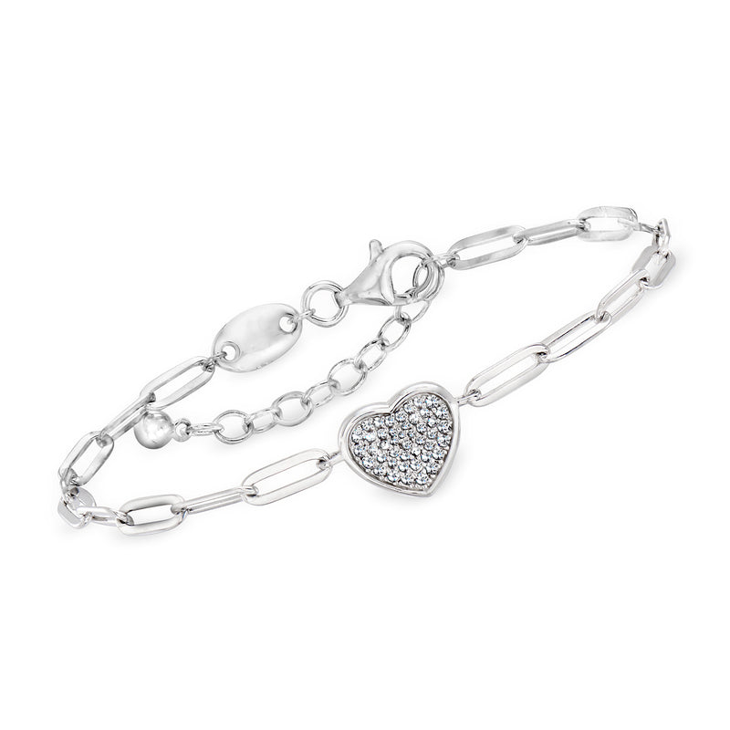 Sterling silver paperclip link bracelet with heart-shaped CZ stone charm
