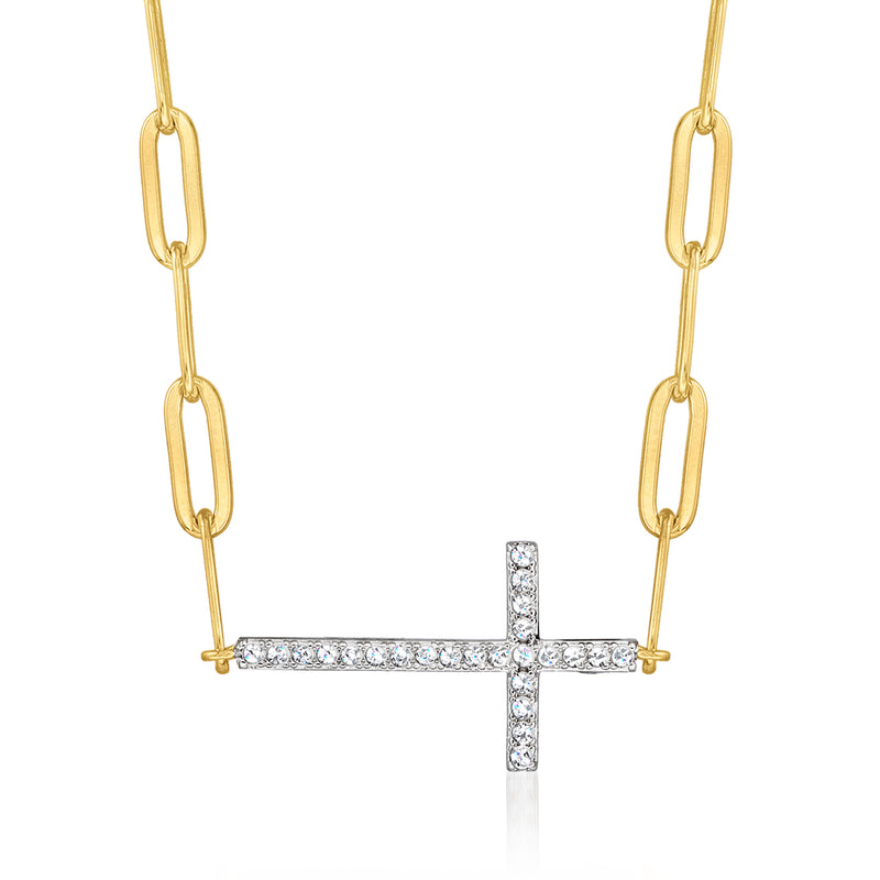 Two-tone sterling silver necklace with CZ pave cross and oval link chain