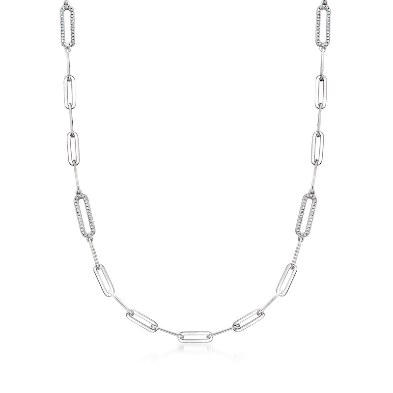 Sterling silver paper clip link necklace with small CZ stations and oval link chain