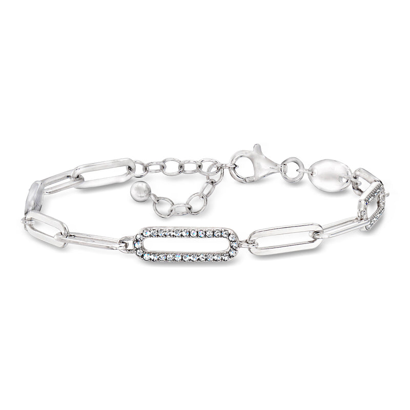 Sterling silver paperclip link bracelet with CZ pave oval center and clasp