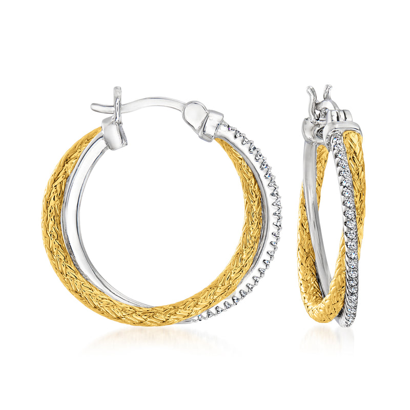 Charles Garnier two-tone sterling silver crossover mesh hoop earrings with CZ