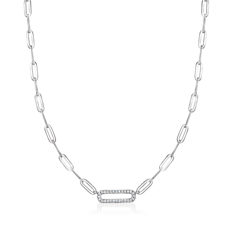 Charles Garnier sterling silver paper clip link necklace with CZ pavé bar pendant