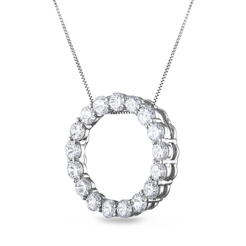 Diamond circle pendant necklace, side view showing layered round stones in white gold