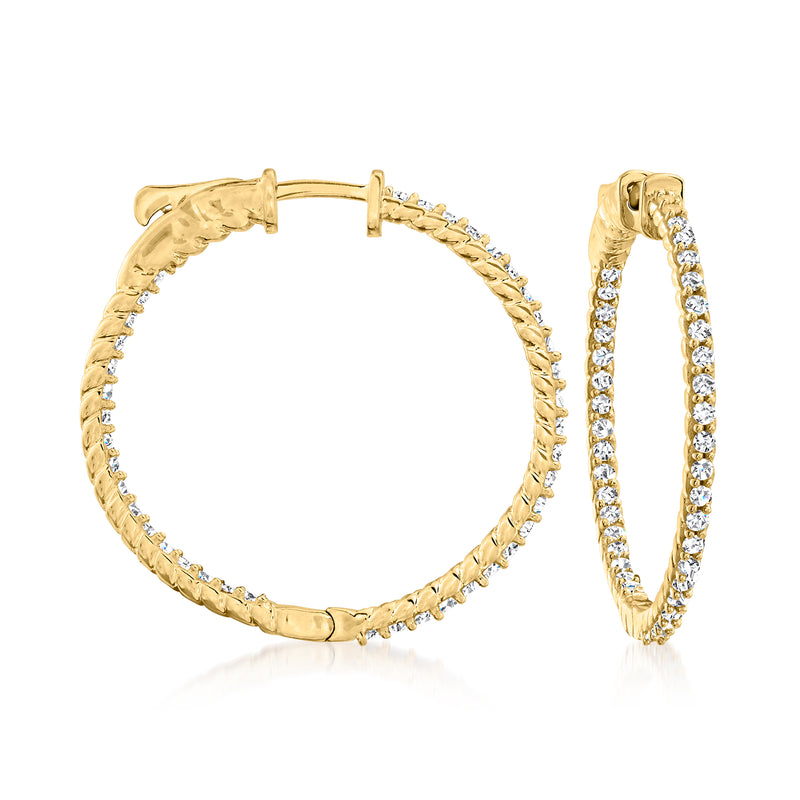 Diamond inside-outside hoop earrings in gold over sterling, front and side views