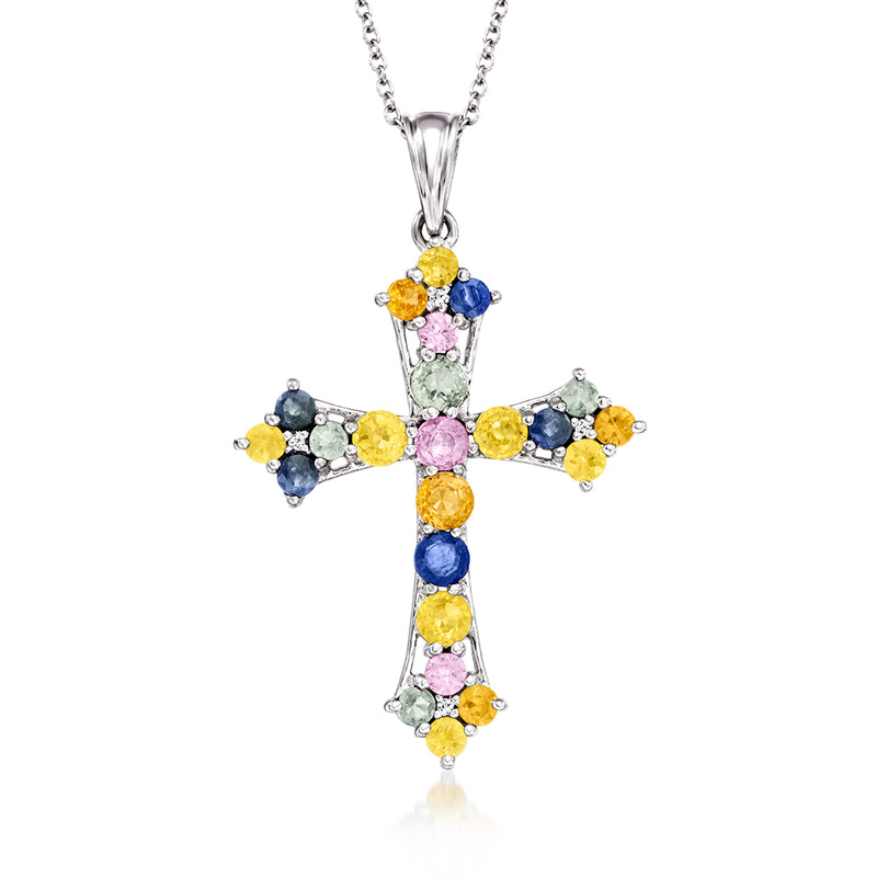 Sterling silver cross pendant necklace with multicolored sapphire stones and white accents