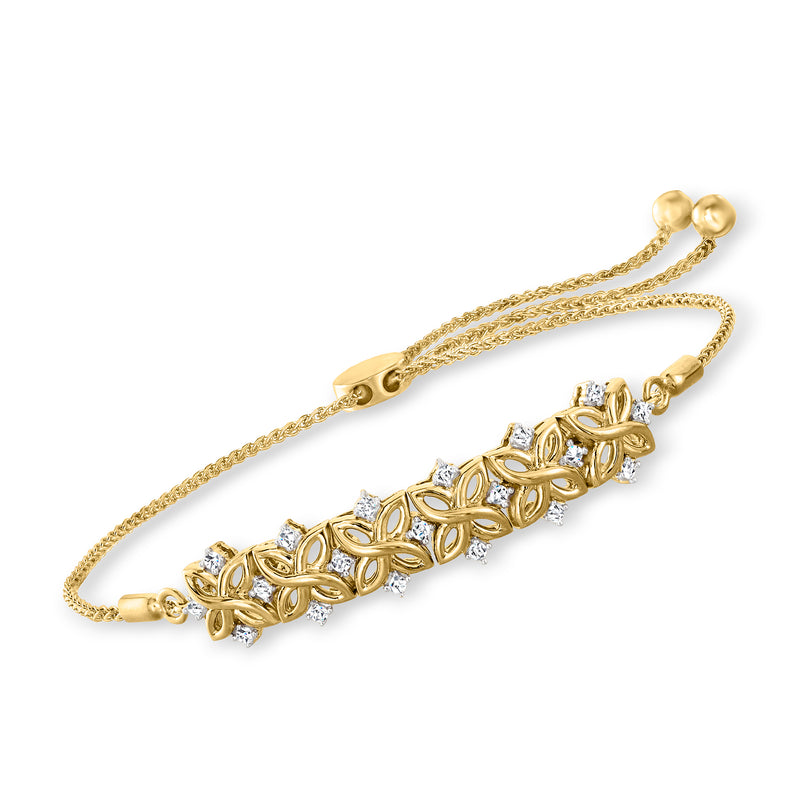 Floral bolo bracelet in 18kt gold over sterling with diamond accents and adjustable cord