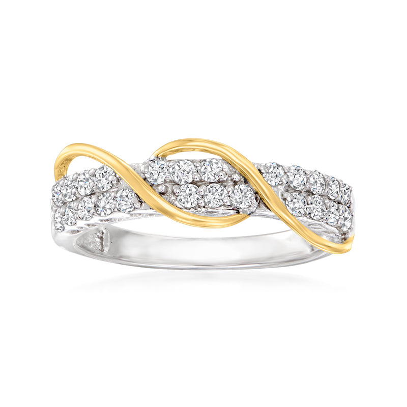 Twist diamond ring in sterling silver with 14kt yellow gold and pave set stones