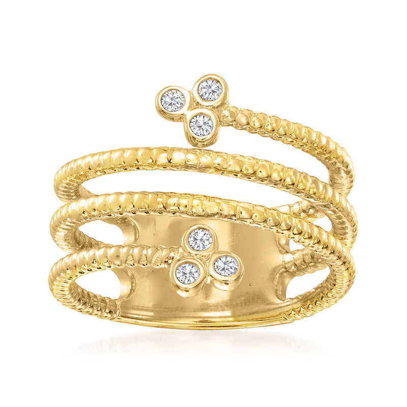 Gold roped wrap ring with bezel-set round diamonds, three-stone top detail